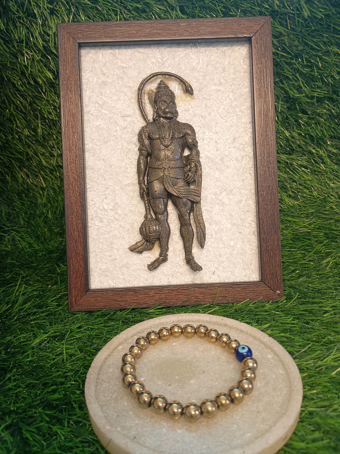 Hanumana Pyrite-Selenite Wooden Frame + Golden Pyrite Bracelet Free